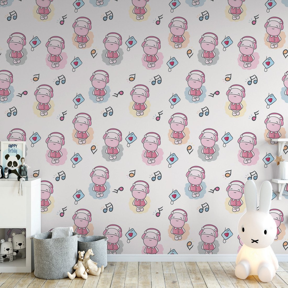 Tapeta - dziecięca, hipopotam, słuchawki, muzyka