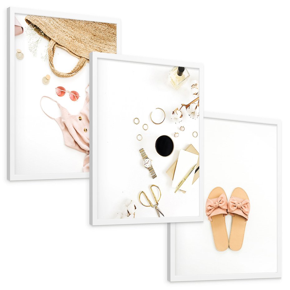 Zestaw obrazy w ramie, plakaty - akcesoria, różowy, złoty - rama biała