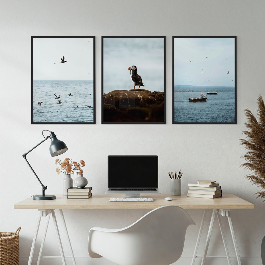 Zestaw obrazy w ramie, plakaty - ptaki, morze, łodzie - rama czarna