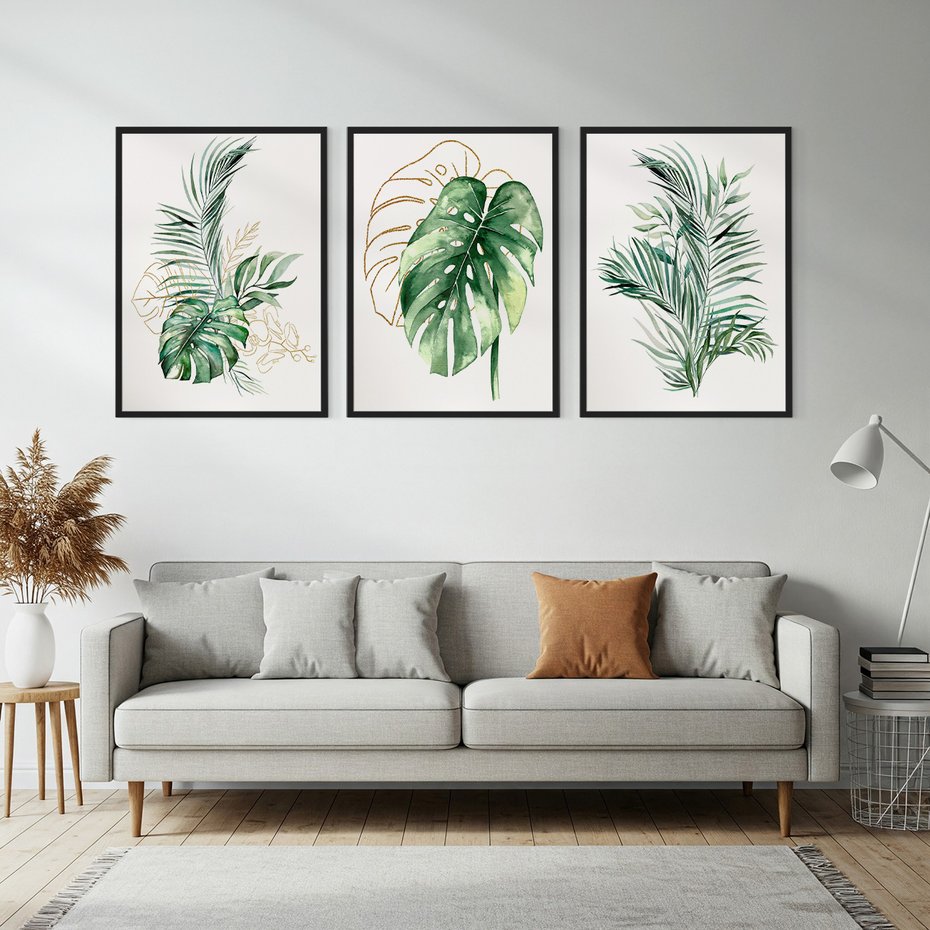 Zestaw obrazy w ramie, plakaty - liście, monstera, rośliny - rama czarna