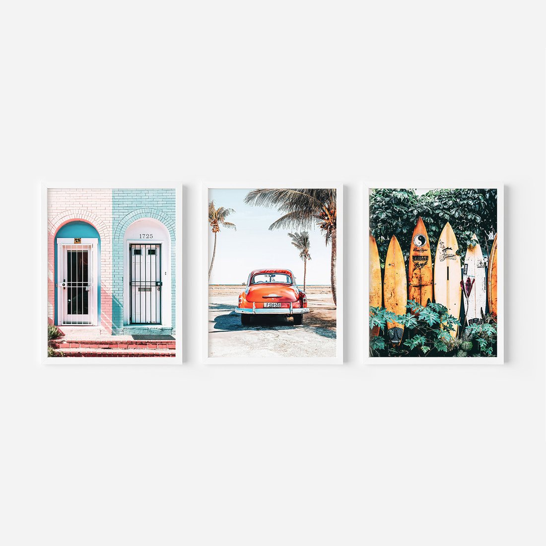 Zestaw obrazy w ramie, plakaty - palmy, samochód, deski surfingowe - rama biała