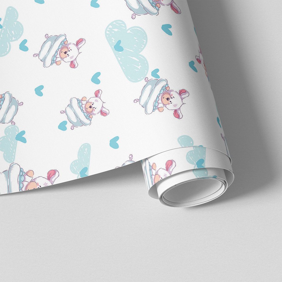 Tapeta - dziecięca, misie, chmurki, serca