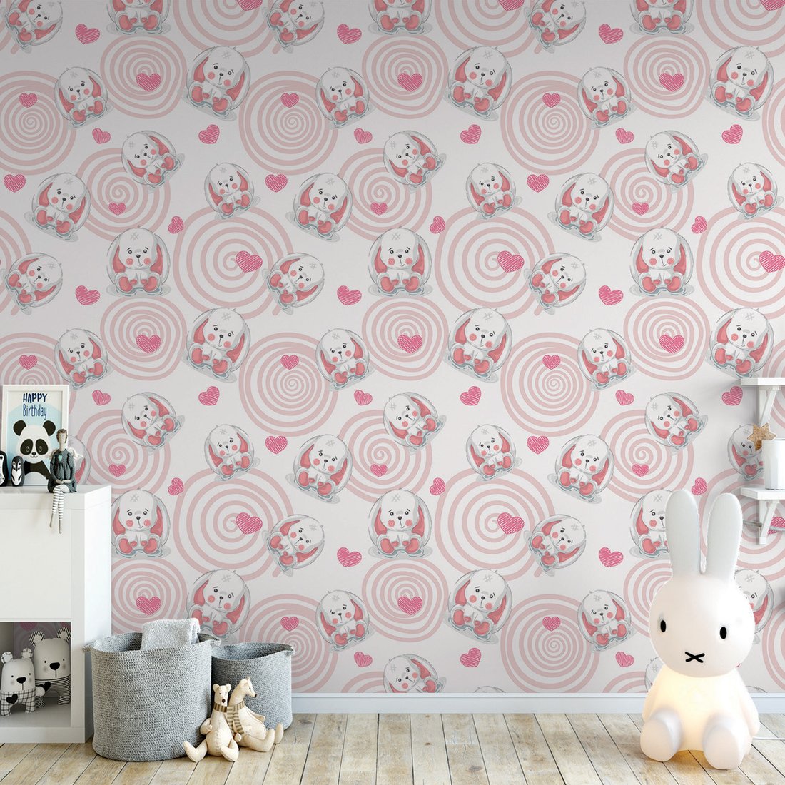 Tapeta - dziecięca, królik, serca, spirale