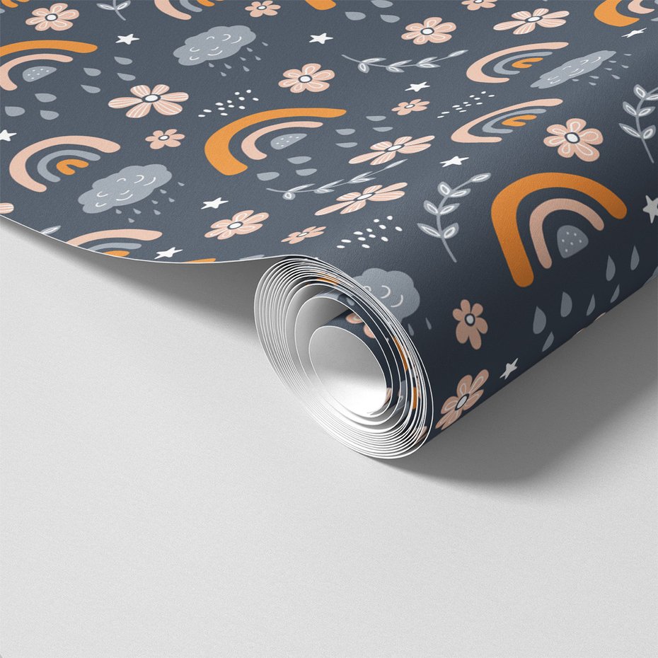 Tapeta - dziecięca, chmura, tęcza, kwiaty