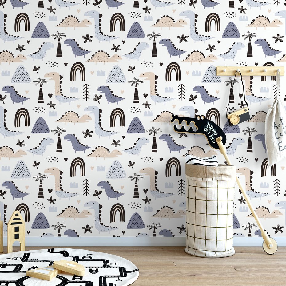 Tapeta - dziecięca, dinozaury, palmy, serca