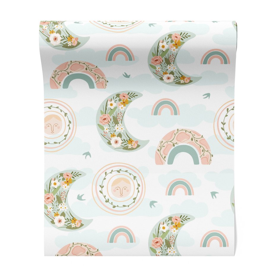 Tapeta - dziecięca, księżyc, tęcza, kwiaty