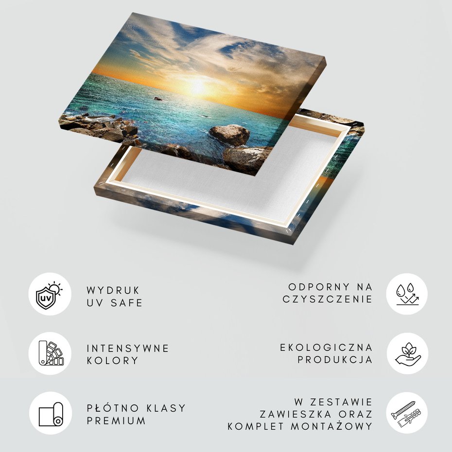 Obraz na płótnie - morze, skały, zachód słońca