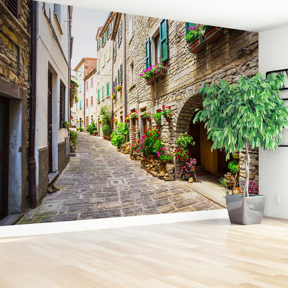 Fototapeta - uliczka, kwiaty, budynki