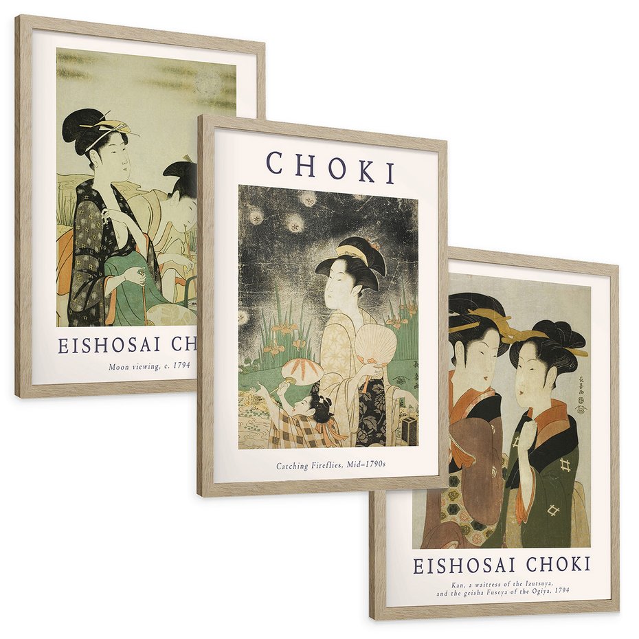 Zestaw obrazy w ramie, plakaty - japonizm, kobiety, portret - rama drewno
