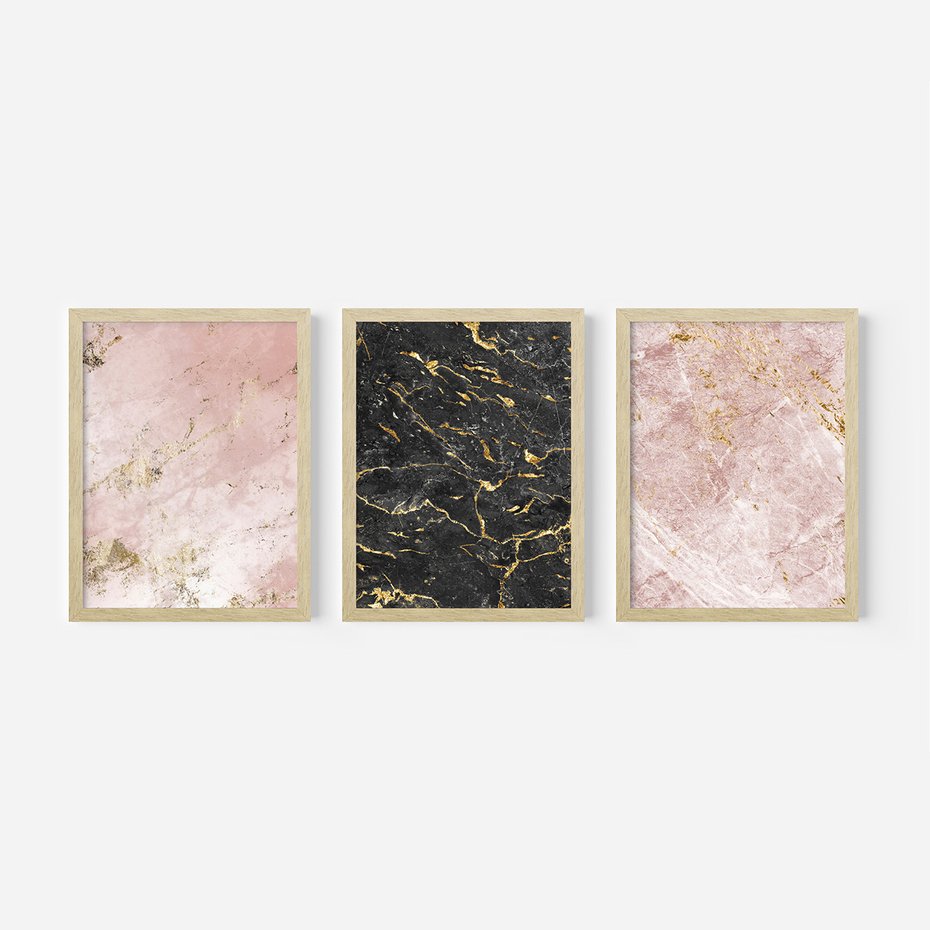 Zestaw obrazy w ramie, plakaty - marmur, tekstura, złoto - rama drewno