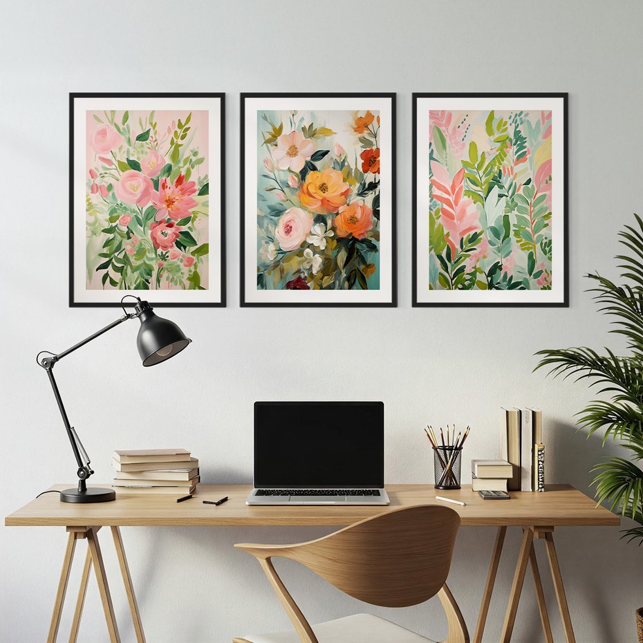 Zestaw obrazy w ramie, plakaty - kwiaty, liście, rośliny - rama czarna