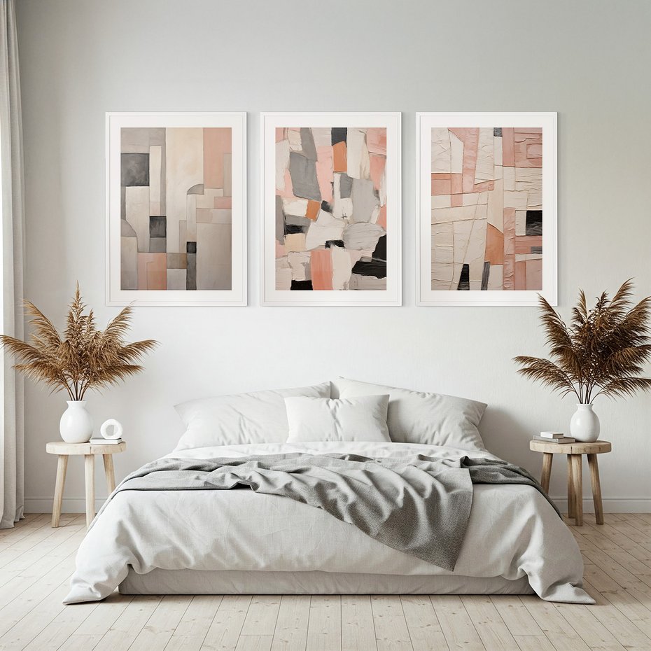 Zestaw obrazy w ramie, plakaty - abstrakcja, pastelowe, geometryczne - rama biała