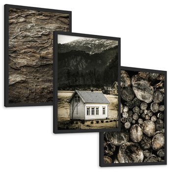 Zestaw obrazy w ramie, plakaty - dom, natura, drewno - rama czarna