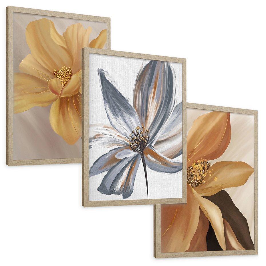 Zestaw obrazy w ramie, plakaty - kwiaty, płatki, dekoracja - rama drewno