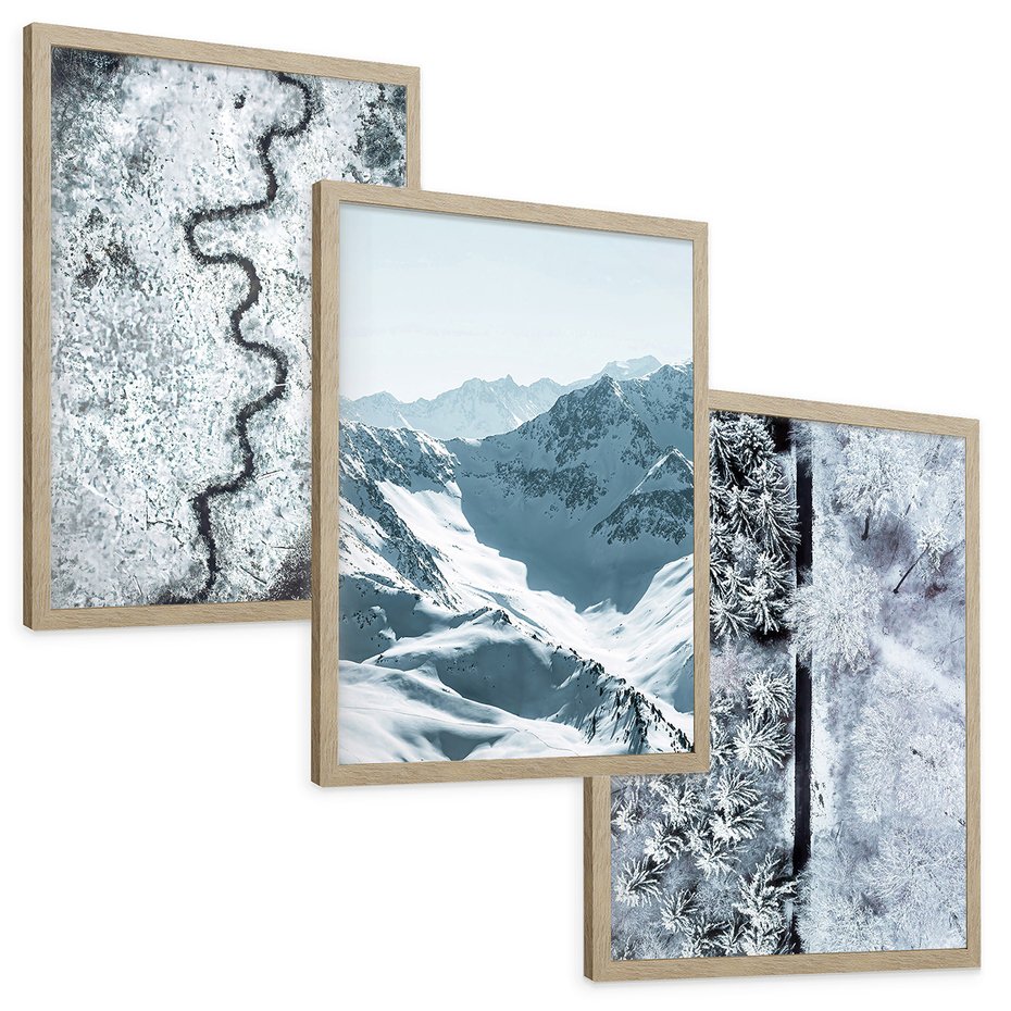 Zestaw obrazy w ramie, plakaty - zima, śnieg, góry - rama drewno