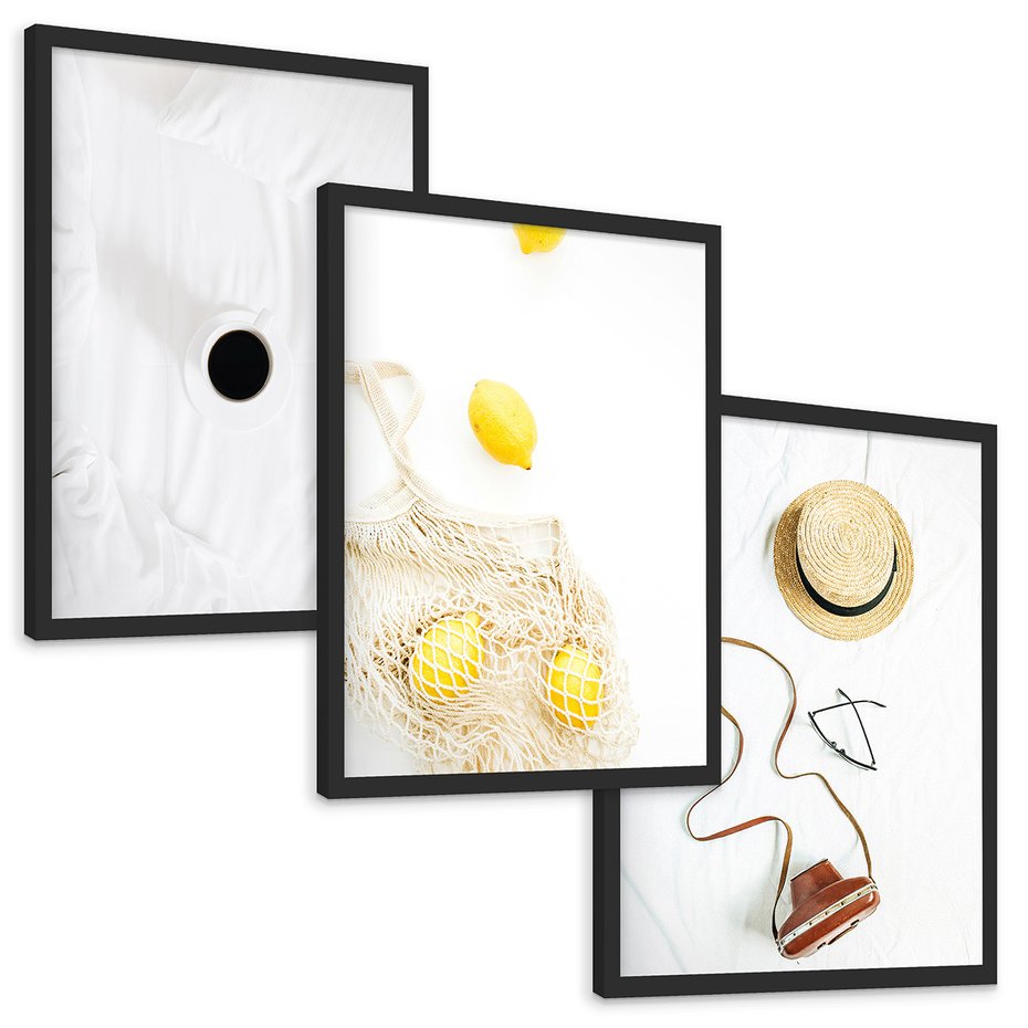 Zestaw obrazy w ramie, plakaty - śniadanie, cytryny, minimalizm - rama czarna