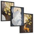 Zestaw obrazy w ramie, plakaty - złoty, liście, abstrakcja - rama czarna