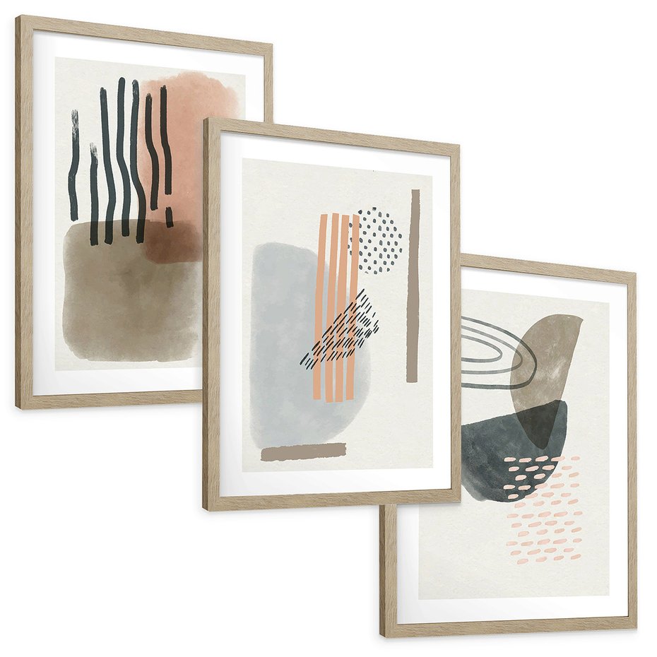 Zestaw obrazy w ramie, plakaty - abstrakcja,pastelowe,wzory - rama drewno