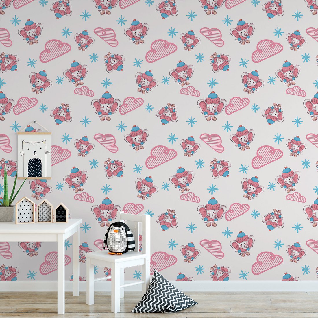 Tapeta - dziecięca, słoń, chmura, płatek śniegu