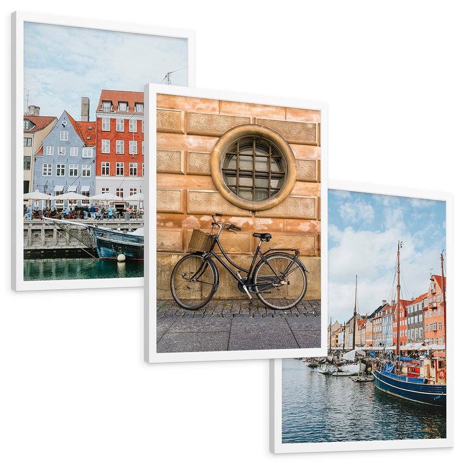 Zestaw obrazy w ramie, plakaty - miasto, budynki, kanał - rama biała