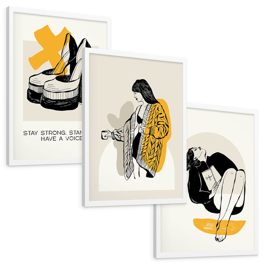 Zestaw obrazy w ramie, plakaty - kobiety, buty, moda - rama biała