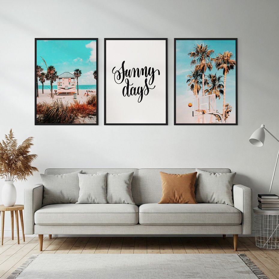 Zestaw obrazy w ramie, plakaty - plaża, palmy, lato - rama czarna
