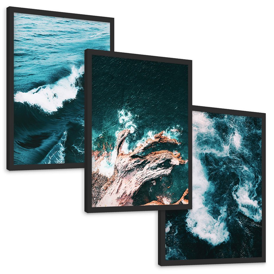 Zestaw obrazy w ramie, plakaty - woda, fale, morze - rama czarna
