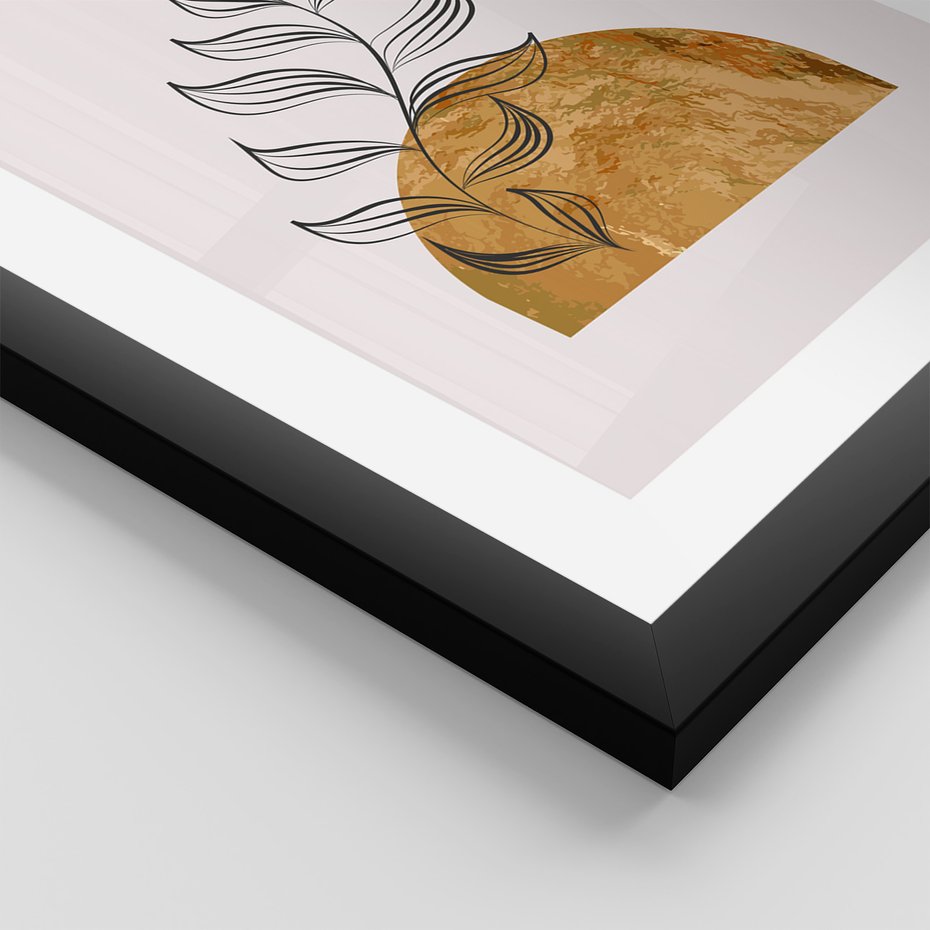 Zestaw obrazy w ramie, plakaty - liście, abstrakcja, złoto - rama czarna