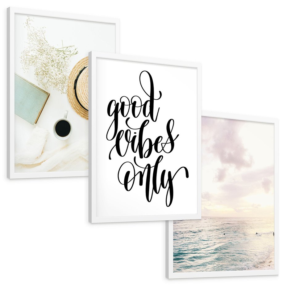 Zestaw obrazy w ramie, plakaty - kwiaty, lato, morze - rama biała