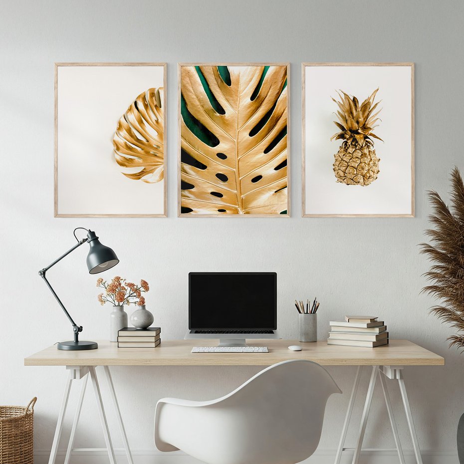 Zestaw obrazy w ramie, plakaty - złoty, liść, ananas - rama drewno