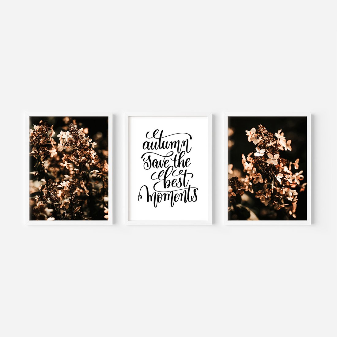 Zestaw obrazy w ramie, plakaty - kwiaty, jesień, dekoracja - rama biała