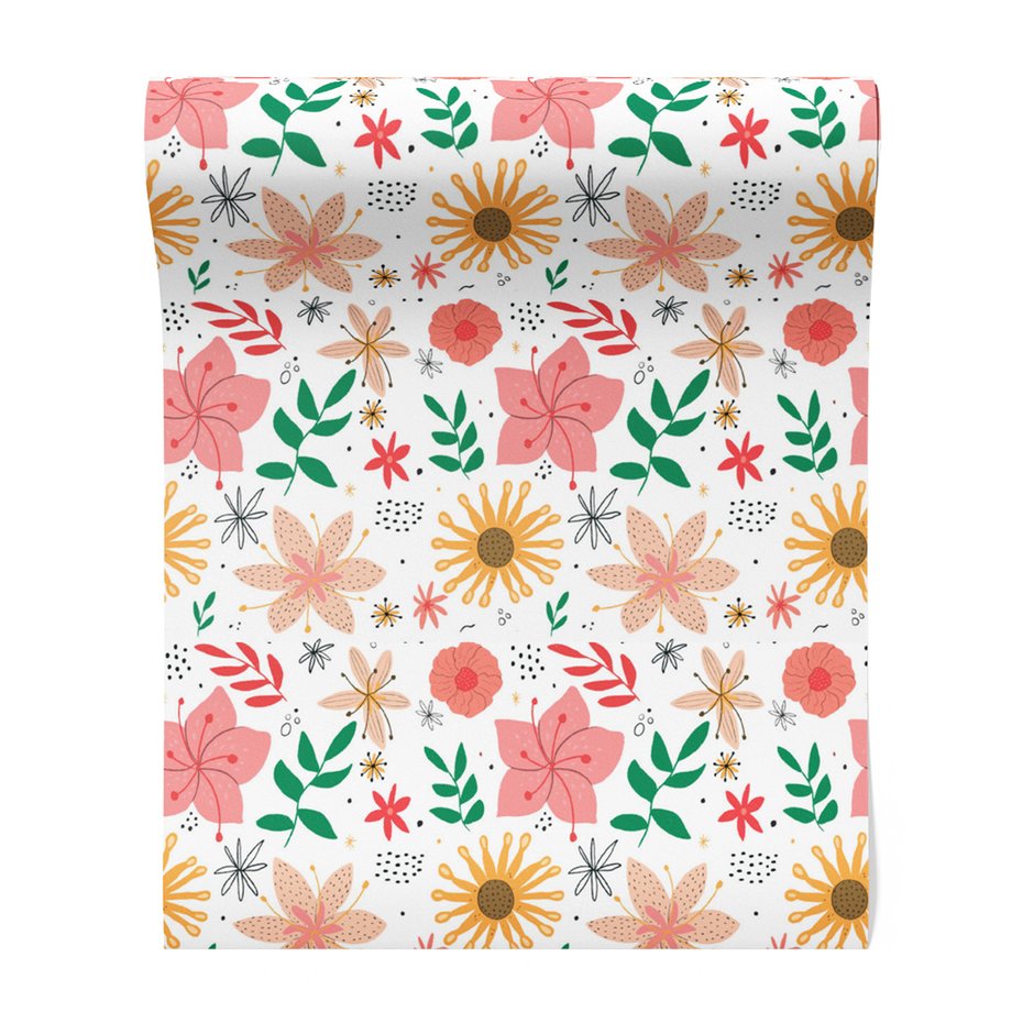 Tapeta - kwiaty, liście, kropki