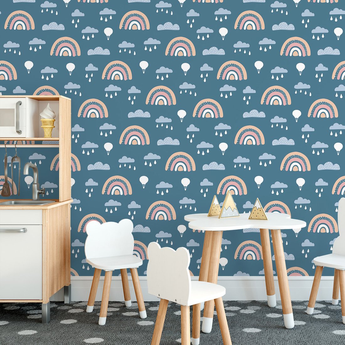 Tapeta - dziecięca, tęcze, chmury, balony