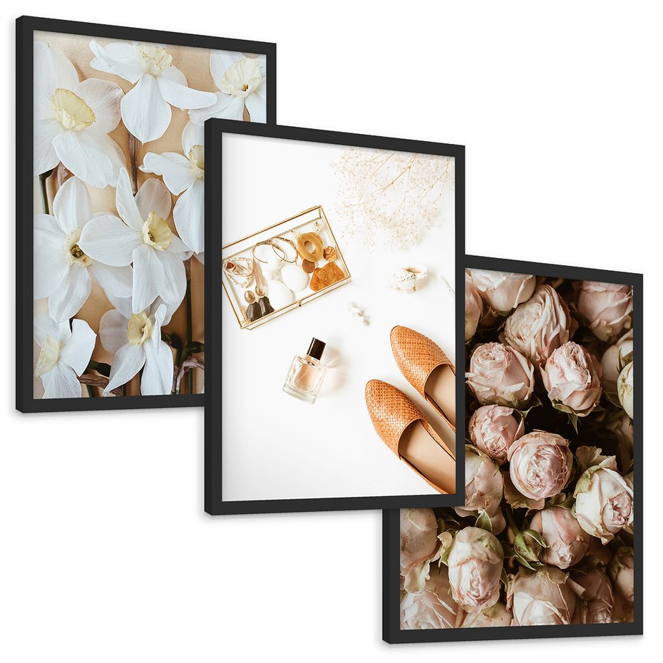 Zestaw obrazy w ramie, plakaty - kwiaty,róże,perfumy - rama czarna