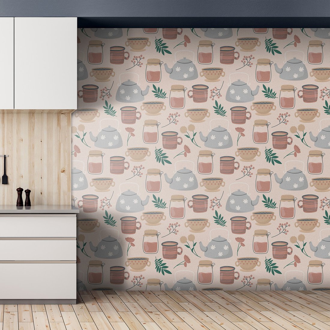 Tapeta - czajnik, kubek, dżem