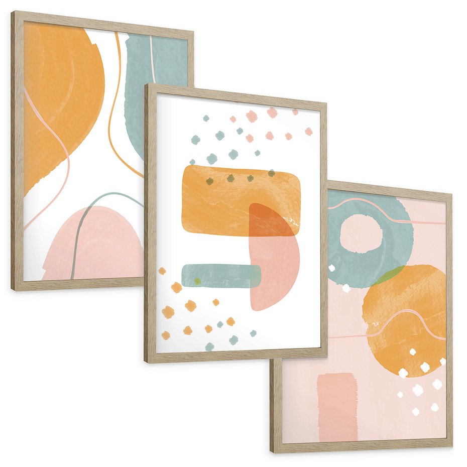Zestaw obrazy w ramie, plakaty - abstrakcja, pastelowe, kształty - rama drewno