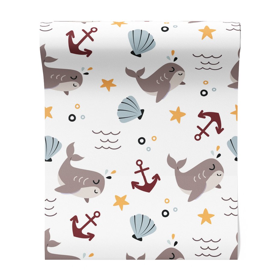 Tapeta - dziecięca, wieloryb, kotwica, muszla