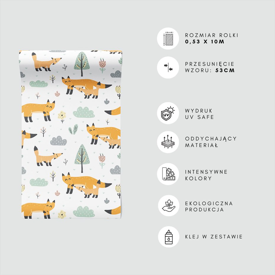 Tapeta - dziecięca, lisy, chmury, drzewa