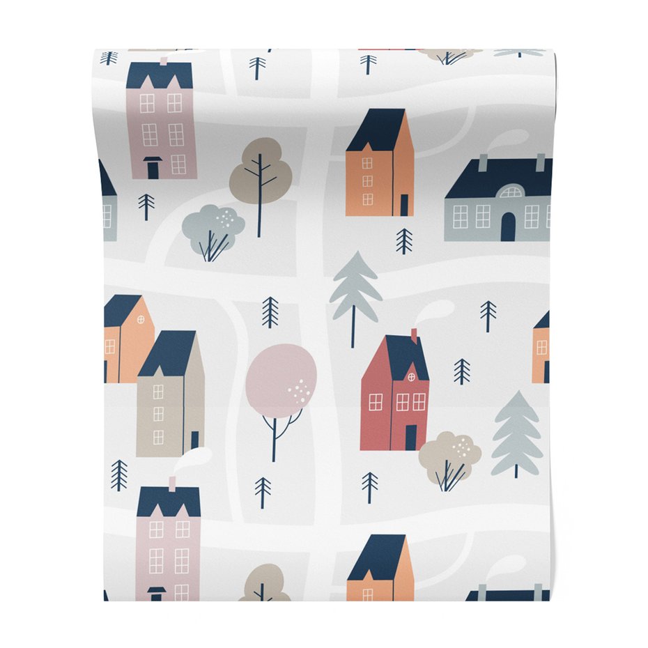 Tapeta - dziecięca, domy, drzewa,