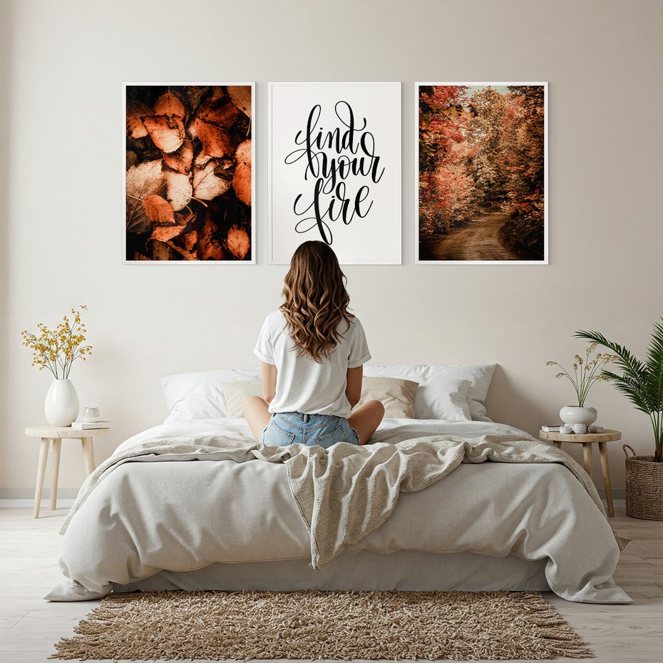 Zestaw obrazy w ramie, plakaty - jesień, liście, las - rama biała