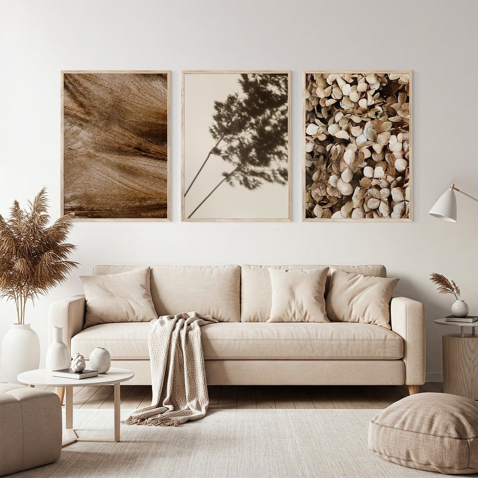 Zestaw obrazy w ramie, plakaty - rośliny, cienie, susz - rama drewno