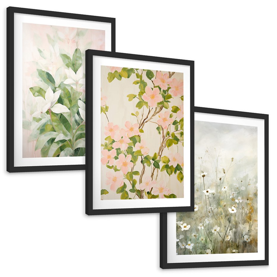 Zestaw obrazy w ramie, plakaty - kwiaty, rośliny, pastelowe - rama czarna