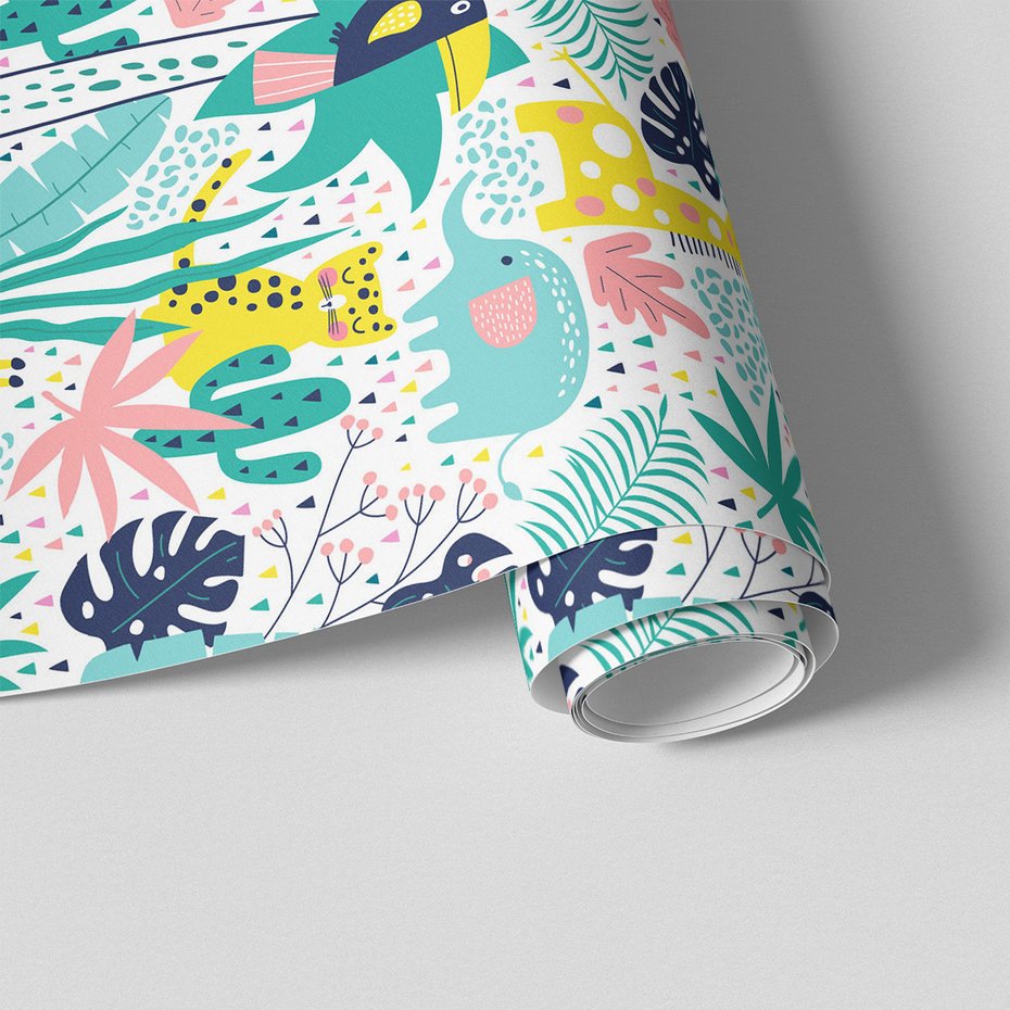 Tapeta - dziecięca, zwierzęta, liście, palma