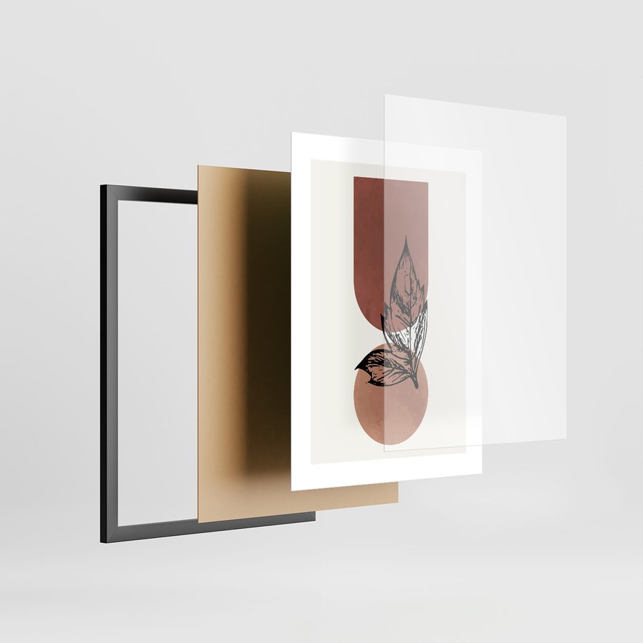 Zestaw obrazy w ramie, plakaty - abstrakcja, liście, kształty - rama czarna