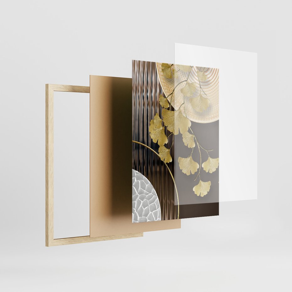 Zestaw obrazy w ramie, plakaty - złoty, liście, abstrakcja - rama drewno