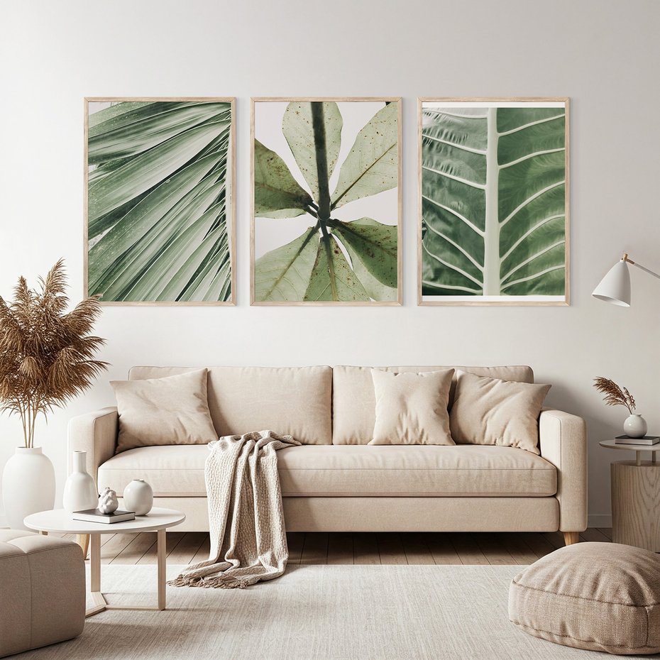 Zestaw obrazy w ramie, plakaty - liście, tropikalne, zielone - rama drewno