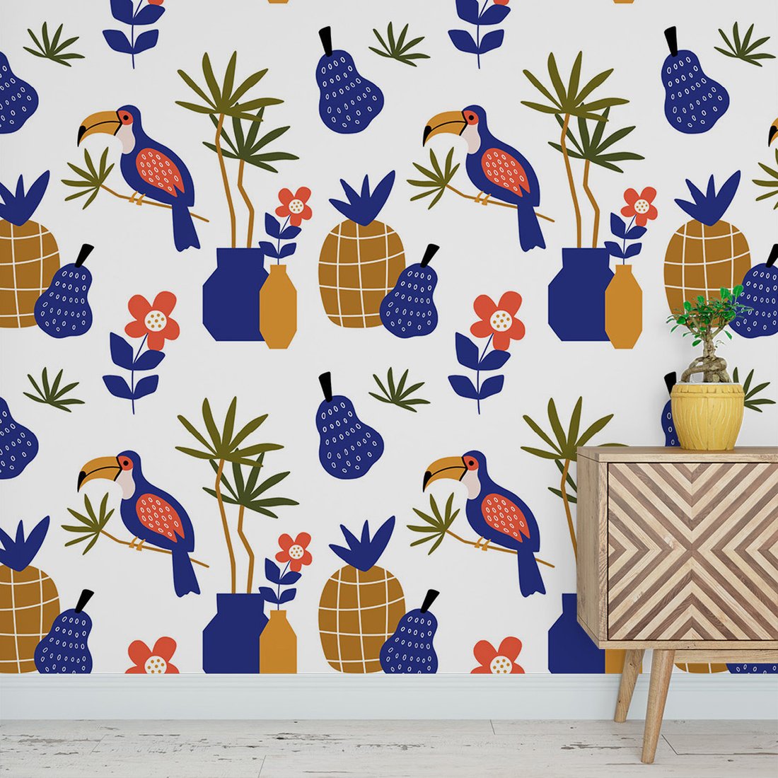 Tapeta - ananasy, kwiaty, tukan