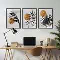 Zestaw obrazy w ramie, plakaty - liście, abstrakcja, złoto - rama czarna