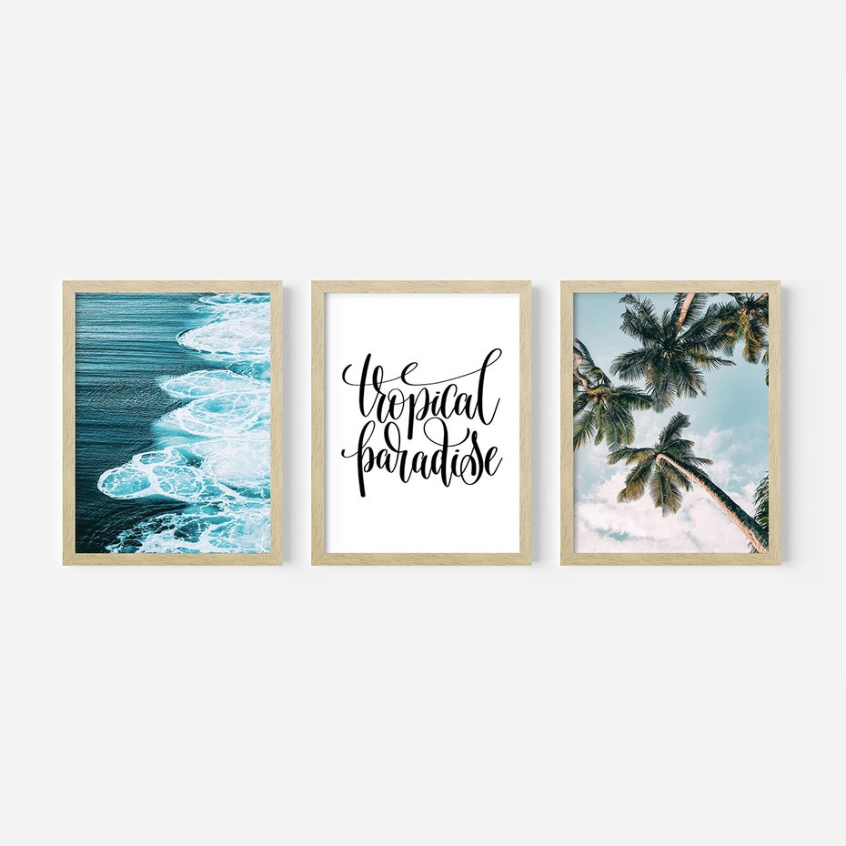 Zestaw obrazy w ramie, plakaty - tropikalny, morze, palmy - rama drewno