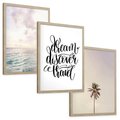 Zestaw obrazy w ramie, plakaty - plaża,palma,napis - rama drewno